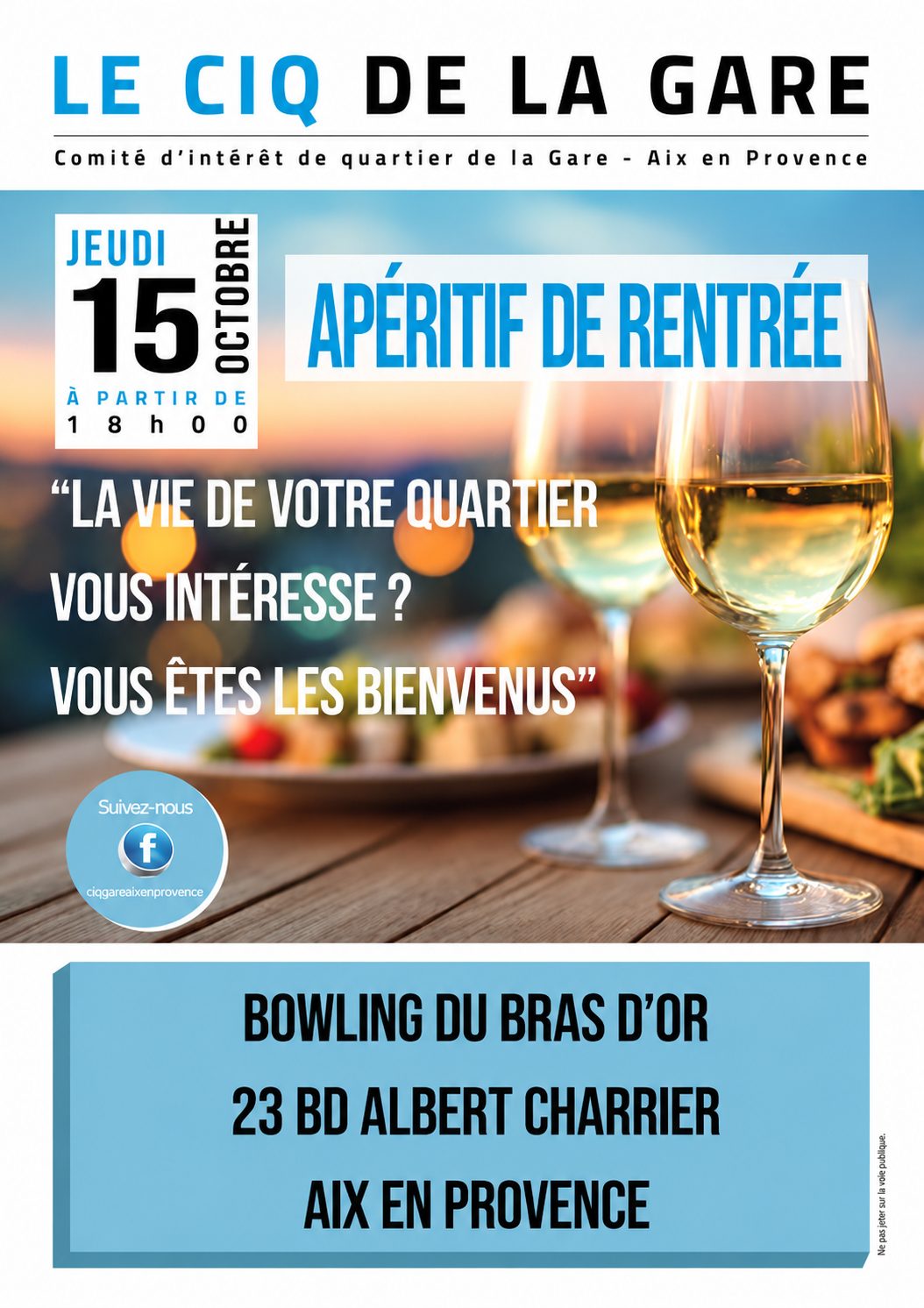 Apéritif de rentrée le jeudi 15 octobre à partir de 18h bowling du bras d'or 23 boulevard Albert Charrier Aix